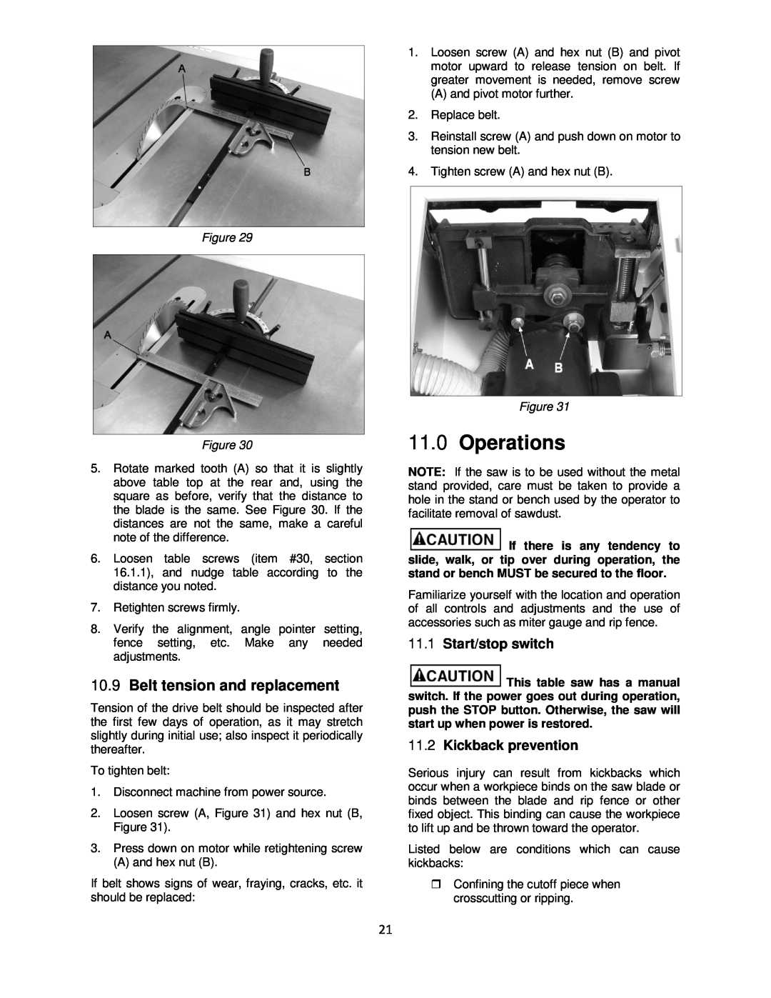 Powermatic 64B operating instructions Operations, Belt tension and replacement, Start/stop switch, Kickback prevention 