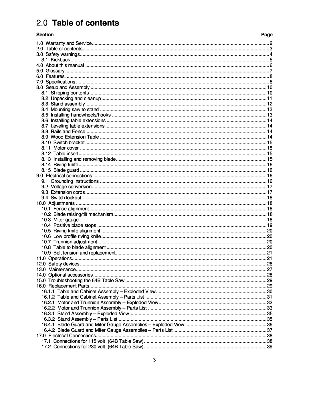 Powermatic 64B operating instructions Table of contents, Section 