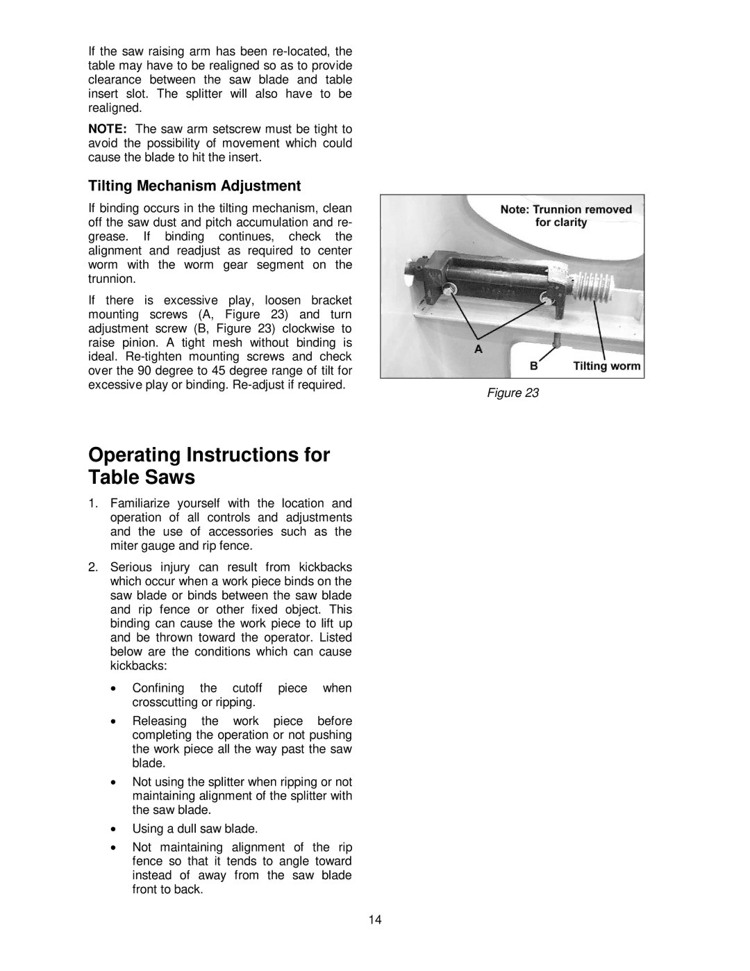 Powermatic 66 operating instructions Operating Instructions for Table Saws, Tilting Mechanism Adjustment 