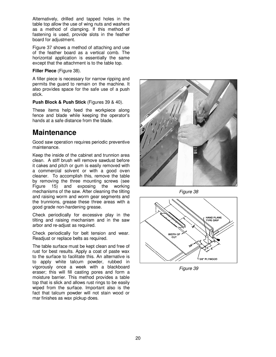 Powermatic 66 operating instructions Maintenance, Filler Piece Figure, Push Block & Push Stick Figures 39 