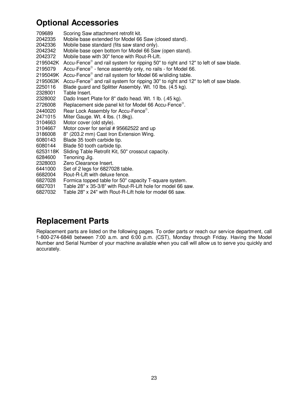 Powermatic 66 operating instructions Optional Accessories, Replacement Parts 