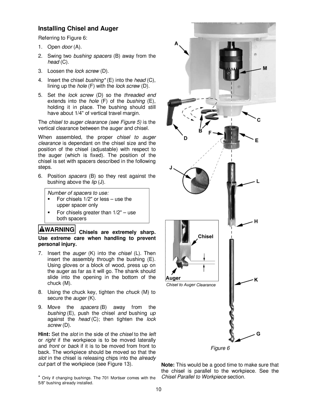 Powermatic 701 operating instructions Installing Chisel and Auger, Number of spacers to use 