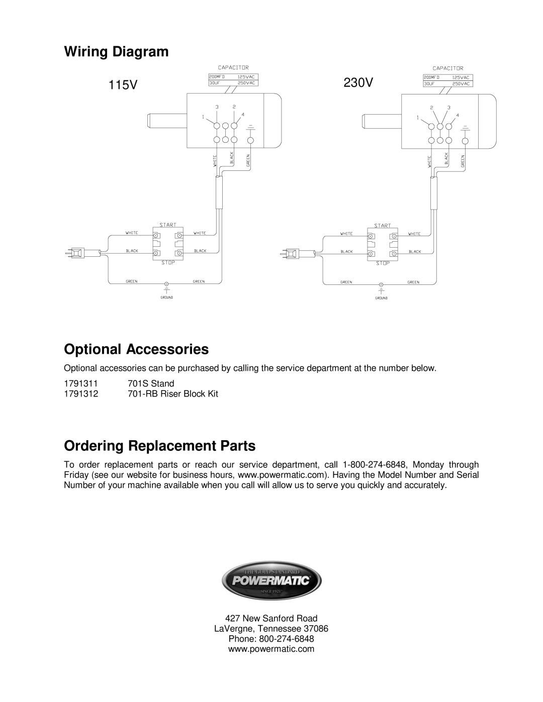 Powermatic 701 operating instructions Wiring Diagram, Optional Accessories, Ordering Replacement Parts 