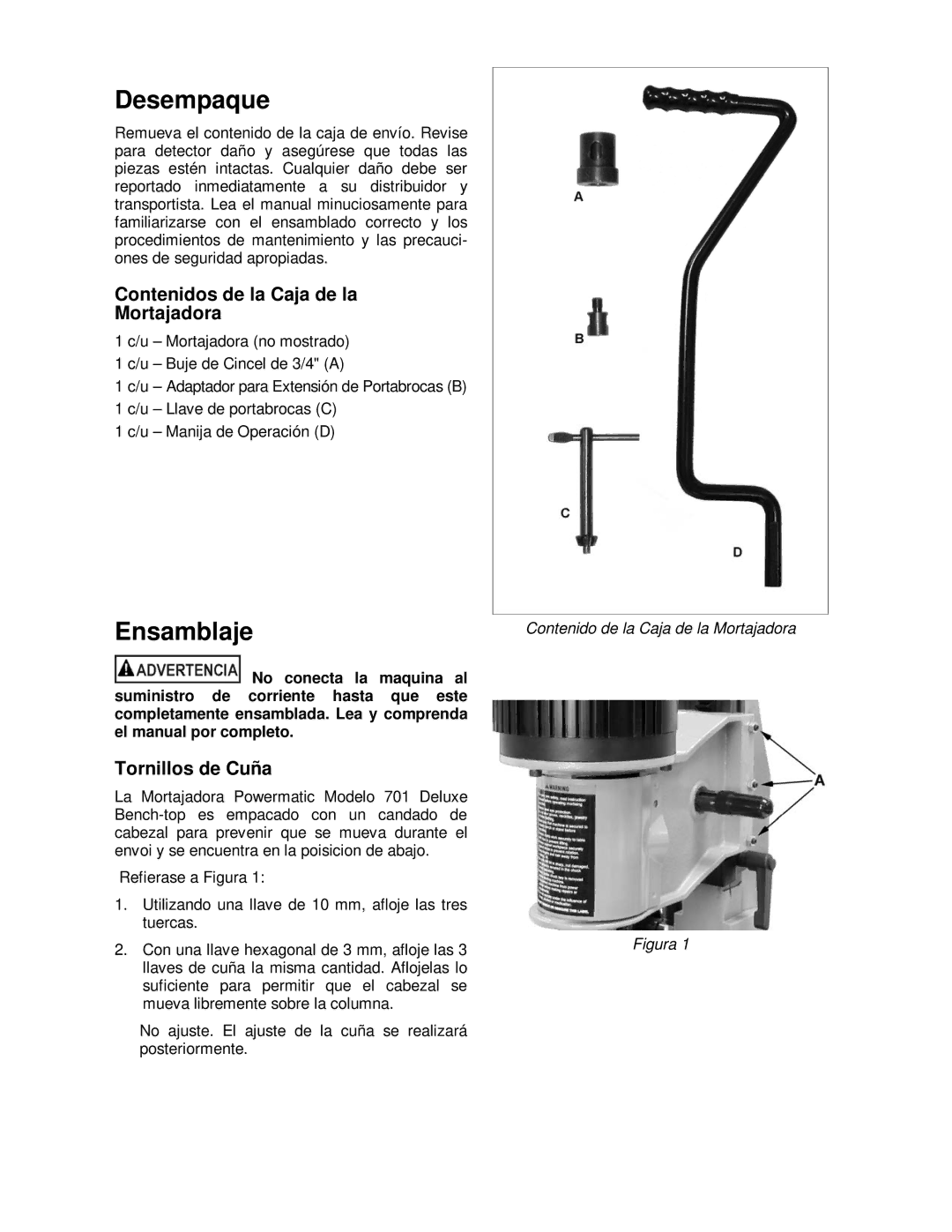 Powermatic 701 operating instructions Desempaque, Ensamblaje, Contenidos de la Caja de la Mortajadora, Tornillos de Cuña 