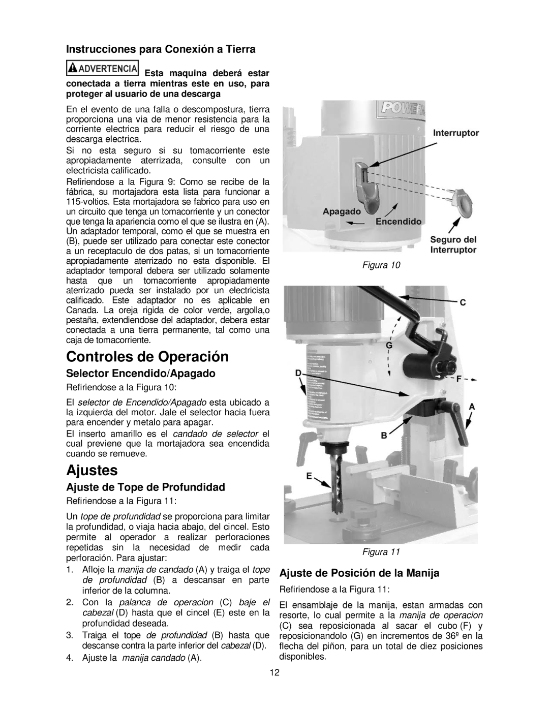 Powermatic 701 operating instructions Controles de Operación, Ajustes 