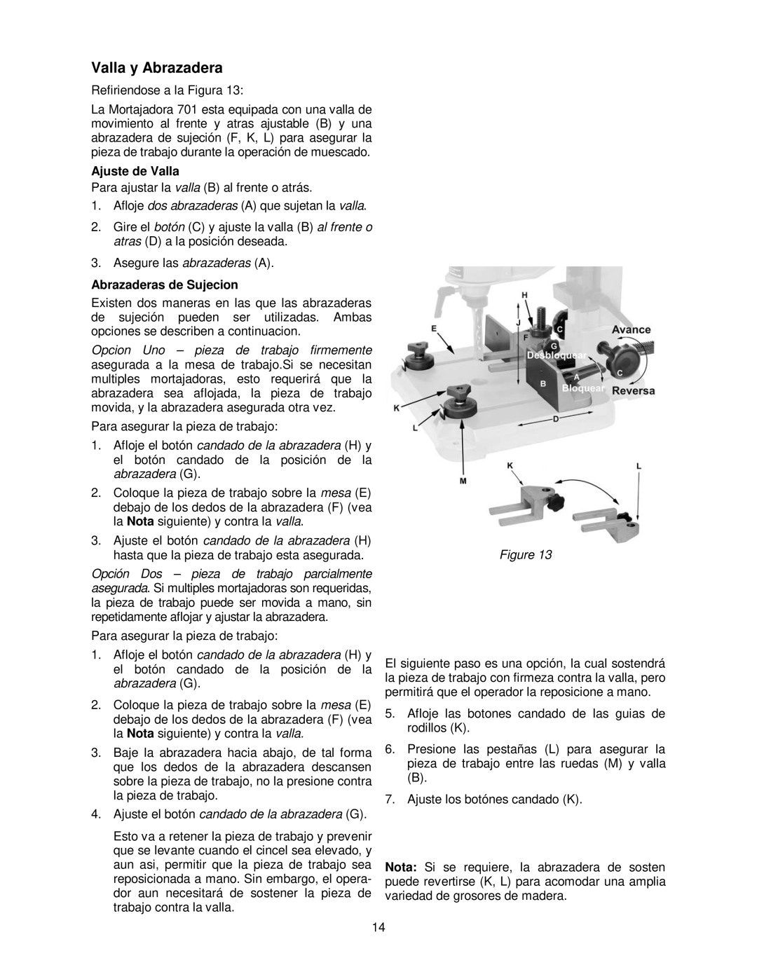 Powermatic 701 Valla y Abrazadera, Ajuste de Valla, Abrazaderas de Sujecion, Ajuste el botón candado de la abrazadera G 