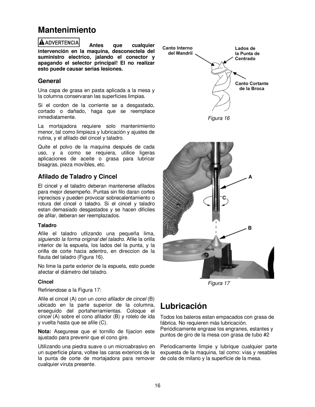 Powermatic 701 operating instructions Mantenimiento, Lubricación, Afilado de Taladro y Cincel 