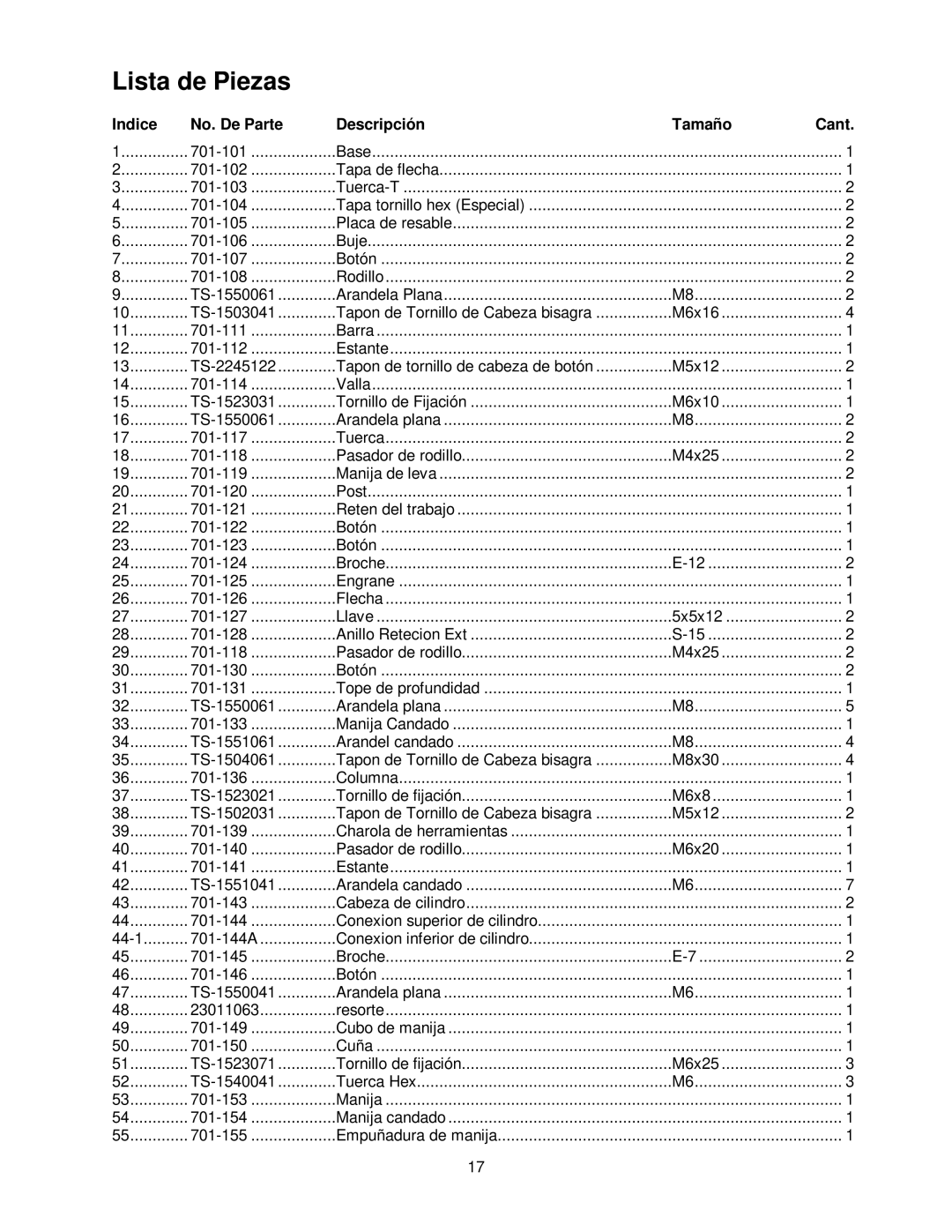 Powermatic 701 operating instructions Lista de Piezas, Indice No. De Parte Descripción Tamaño Cant 