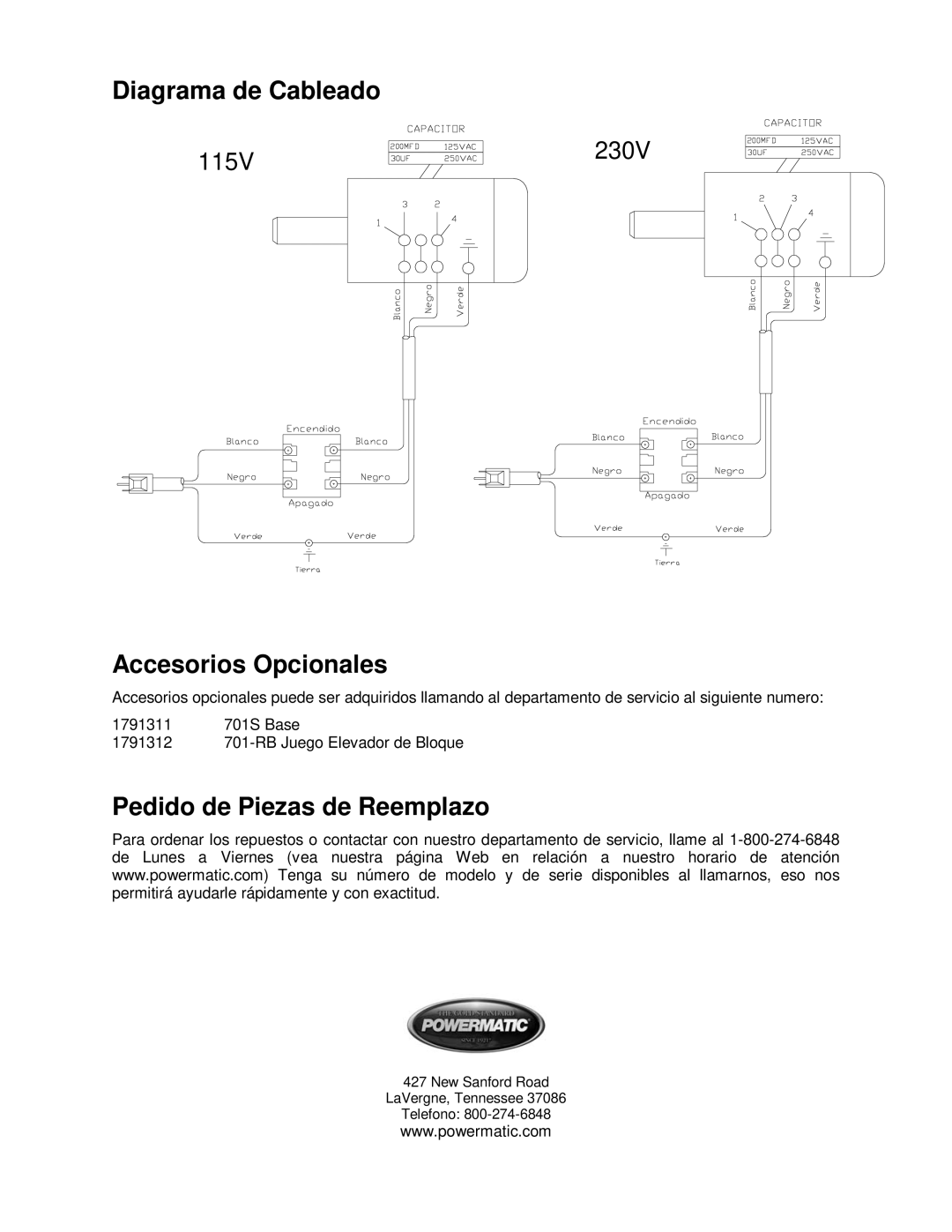 Powermatic 701 operating instructions Diagrama de Cableado, Accesorios Opcionales, Pedido de Piezas de Reemplazo 