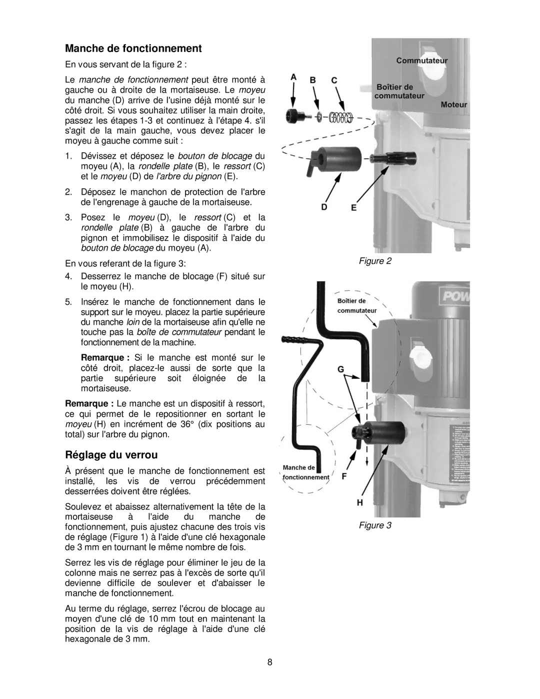 Powermatic 701 operating instructions Manche de fonctionnement, Réglage du verrou 