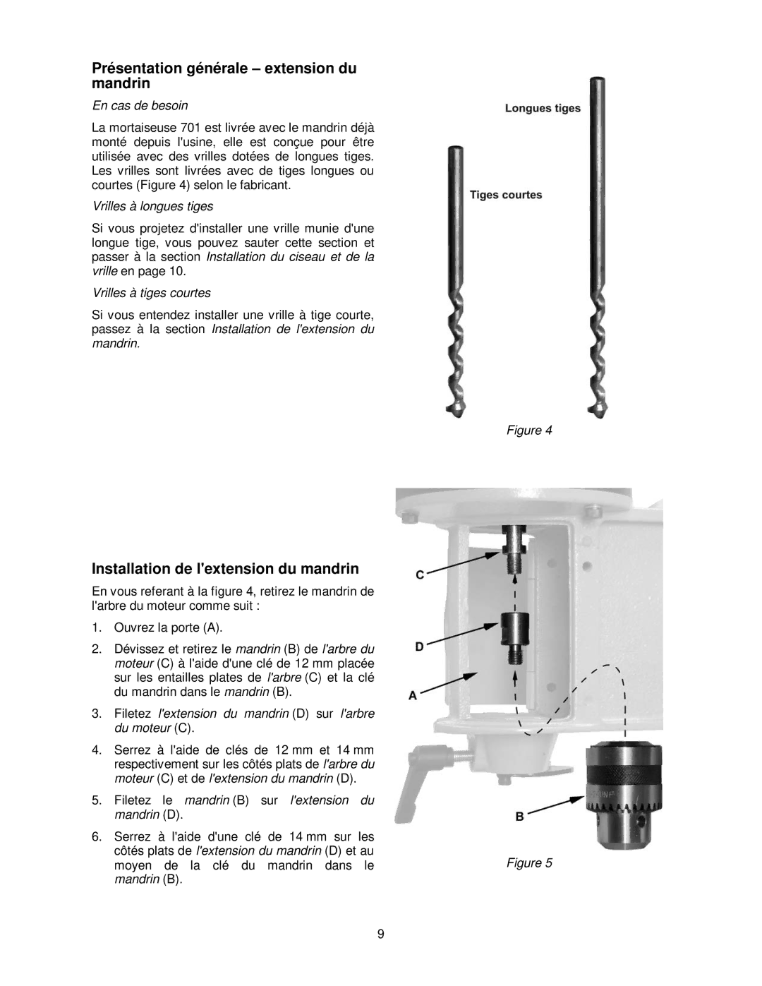 Powermatic 701 operating instructions Présentation générale extension du mandrin, Installation de lextension du mandrin 