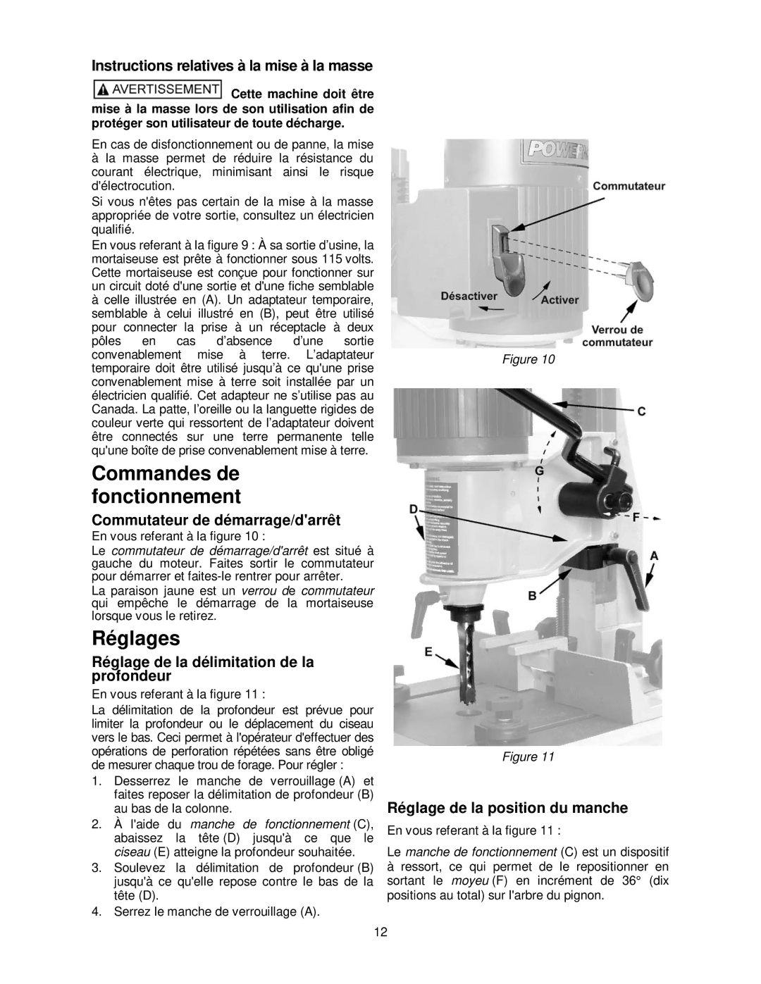 Powermatic 701 operating instructions Commandes de fonctionnement, Réglages 