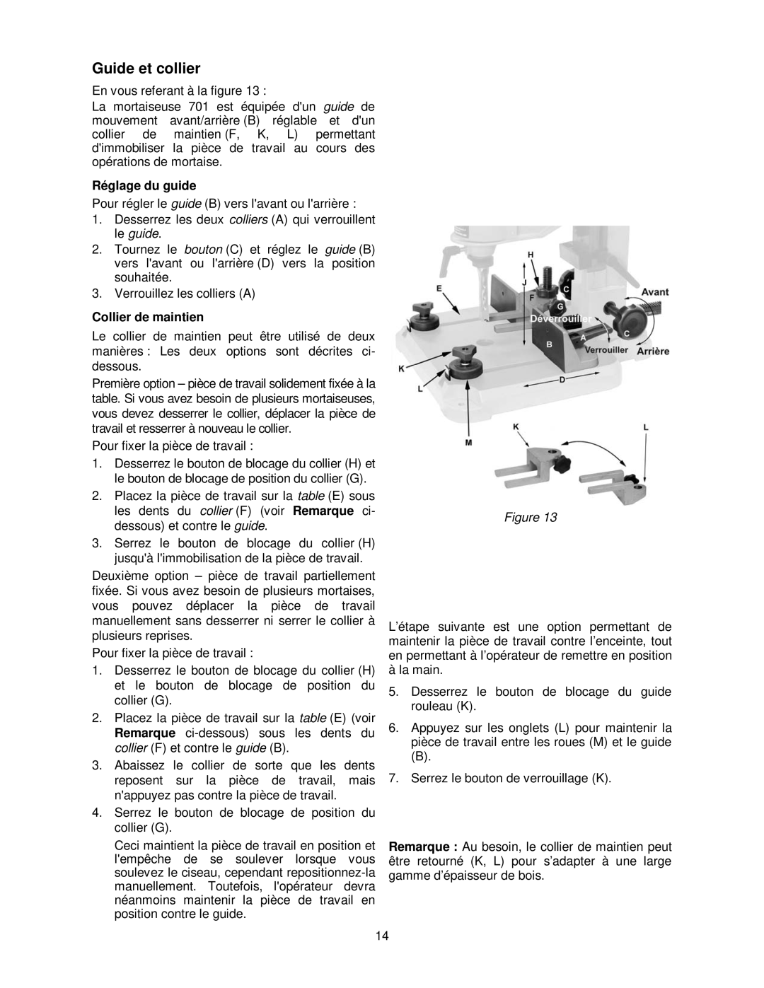 Powermatic 701 operating instructions Guide et collier, Réglage du guide, Collier de maintien 