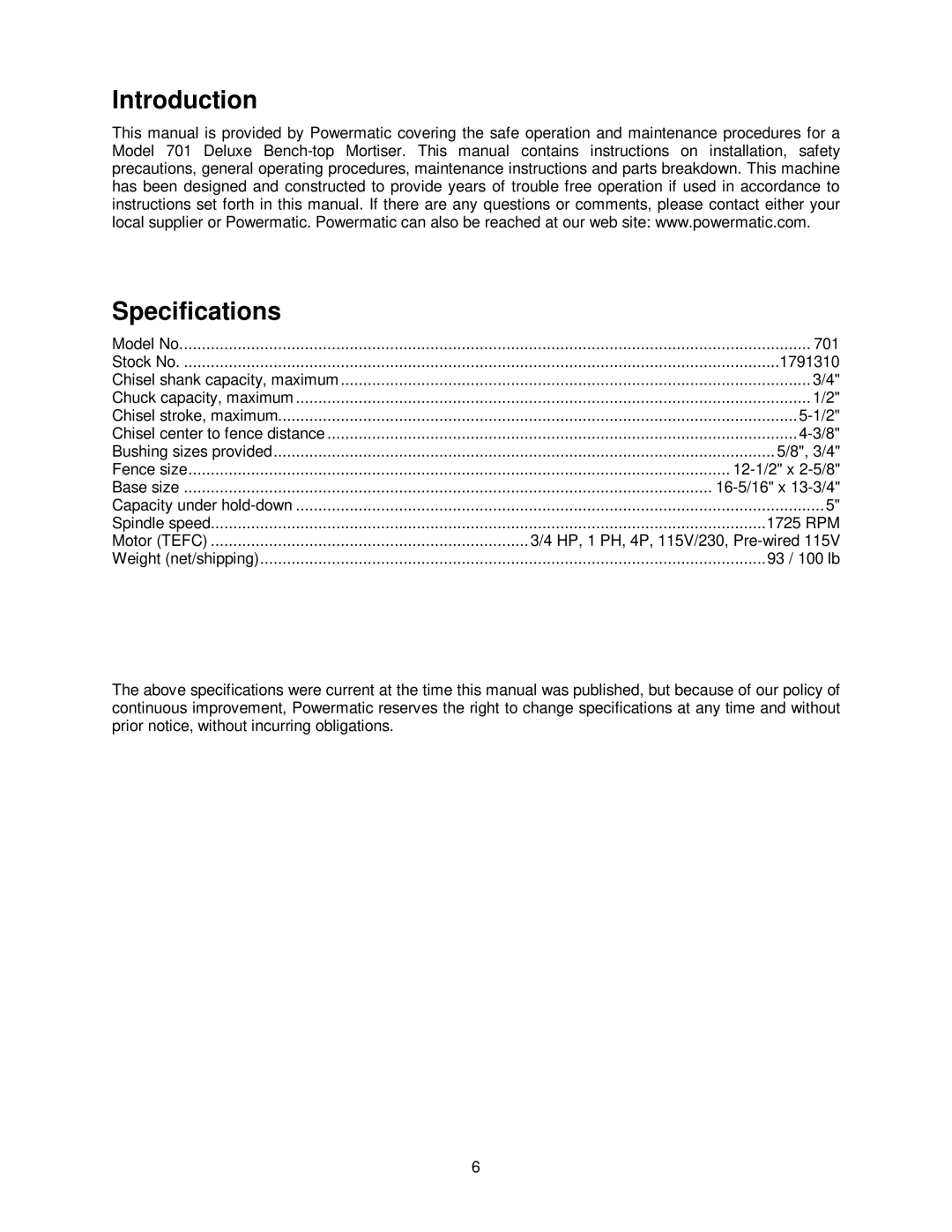 Powermatic 701 operating instructions Introduction Specifications, 1791310 