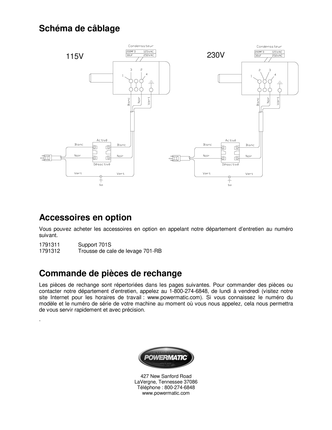 Powermatic 701 operating instructions Schéma de câblage, Accessoires en option, Commande de pièces de rechange 