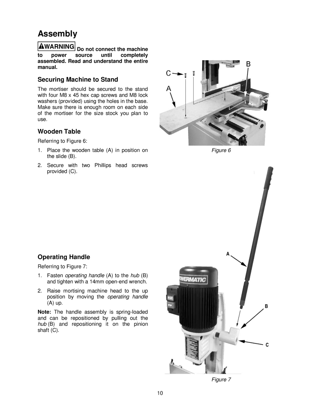 Powermatic 719T operating instructions Assembly, Securing Machine to Stand, Wooden Table, Operating Handle 