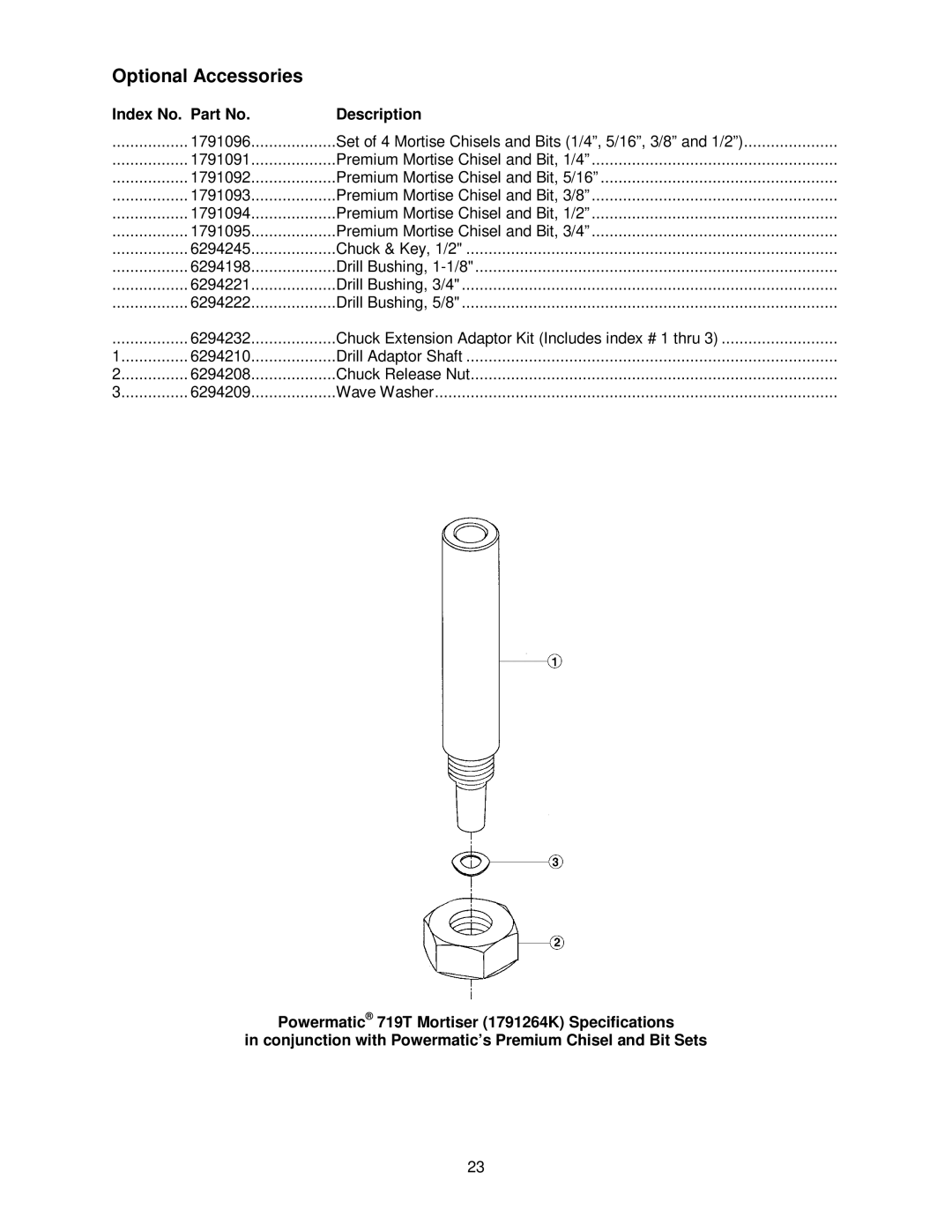 Powermatic 719T operating instructions Optional Accessories, Index No. Part No Description 