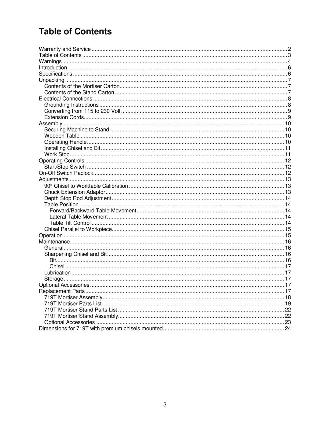 Powermatic 719T operating instructions Table of Contents 