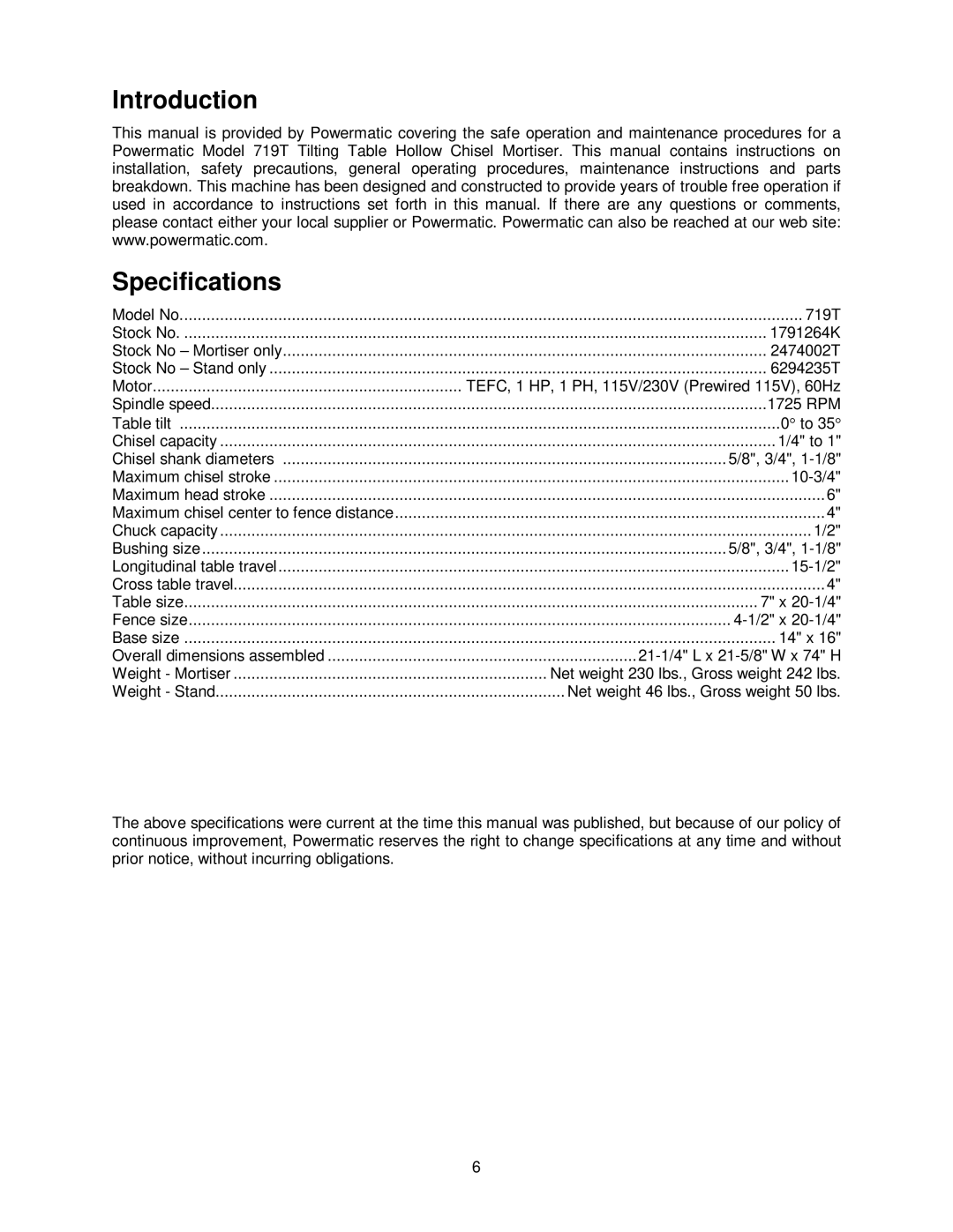 Powermatic 719T operating instructions Introduction Specifications 