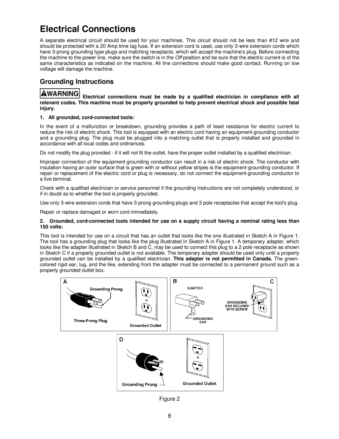 Powermatic 719T operating instructions Electrical Connections, Grounding Instructions 