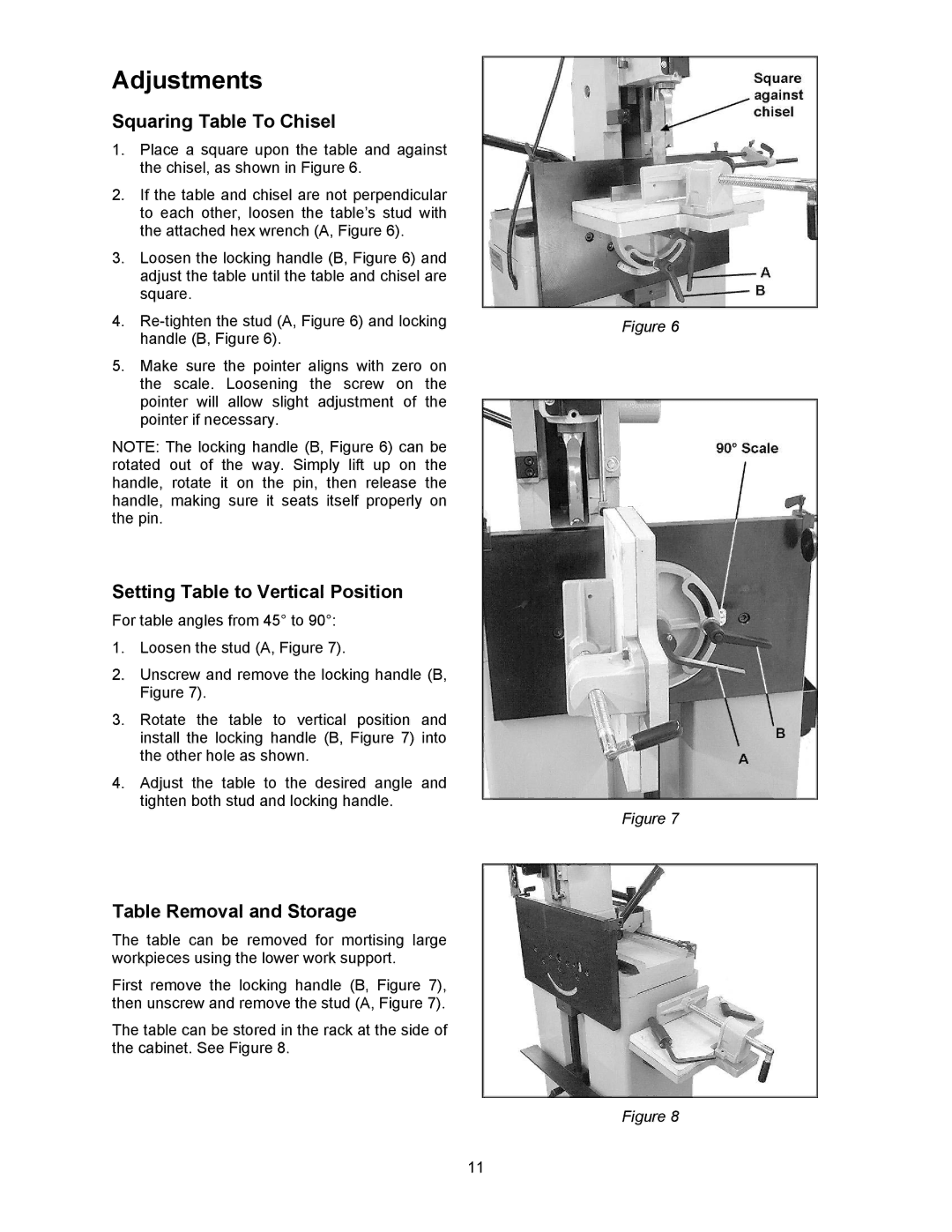 Powermatic 720HD Adjustments, Squaring Table To Chisel, Setting Table to Vertical Position, Table Removal and Storage 