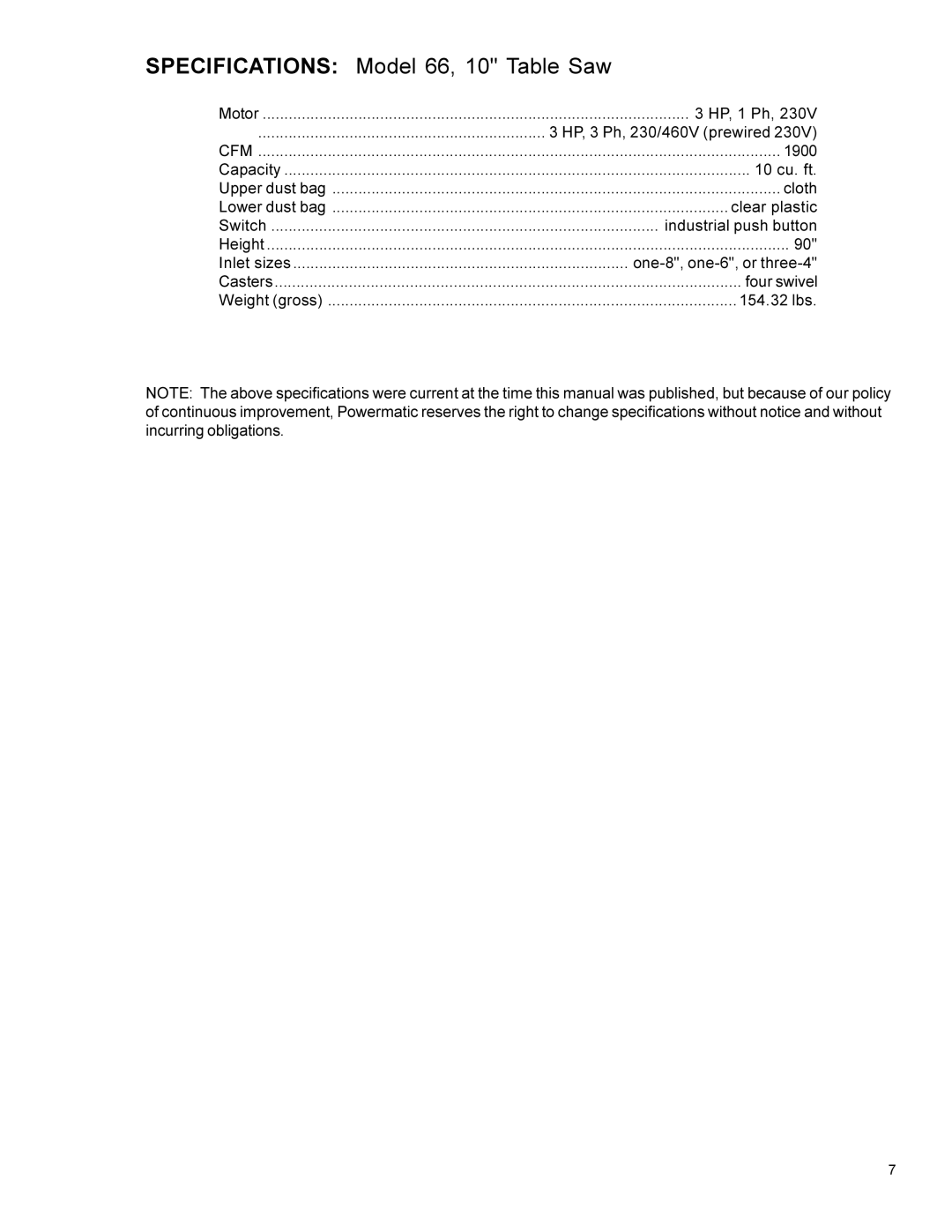 Powermatic 75 instruction manual Specifications Model 66, 10 Table Saw 