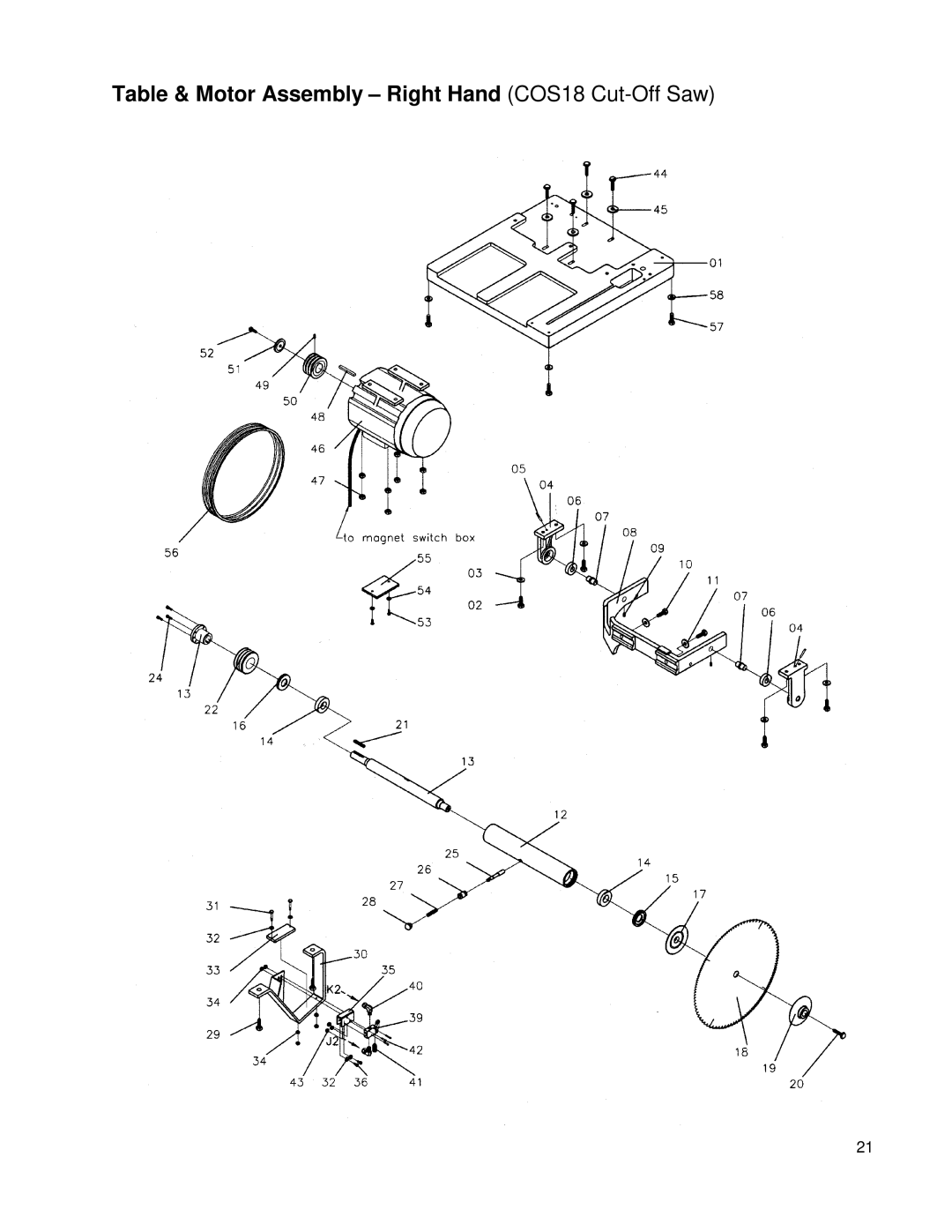 Powermatic owner manual Table & Motor Assembly Right Hand COS18 Cut-Off Saw 