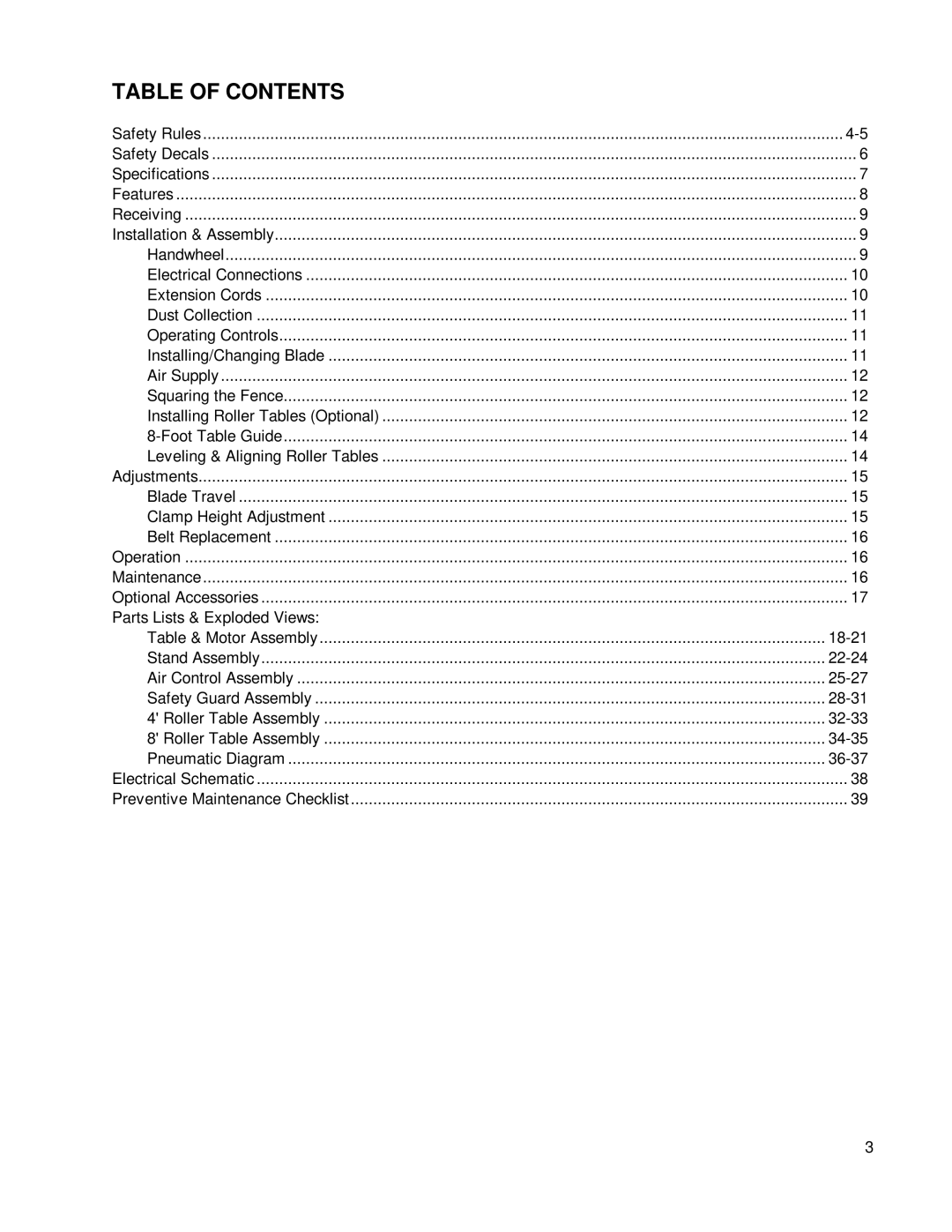 Powermatic COS18 owner manual Table of Contents 