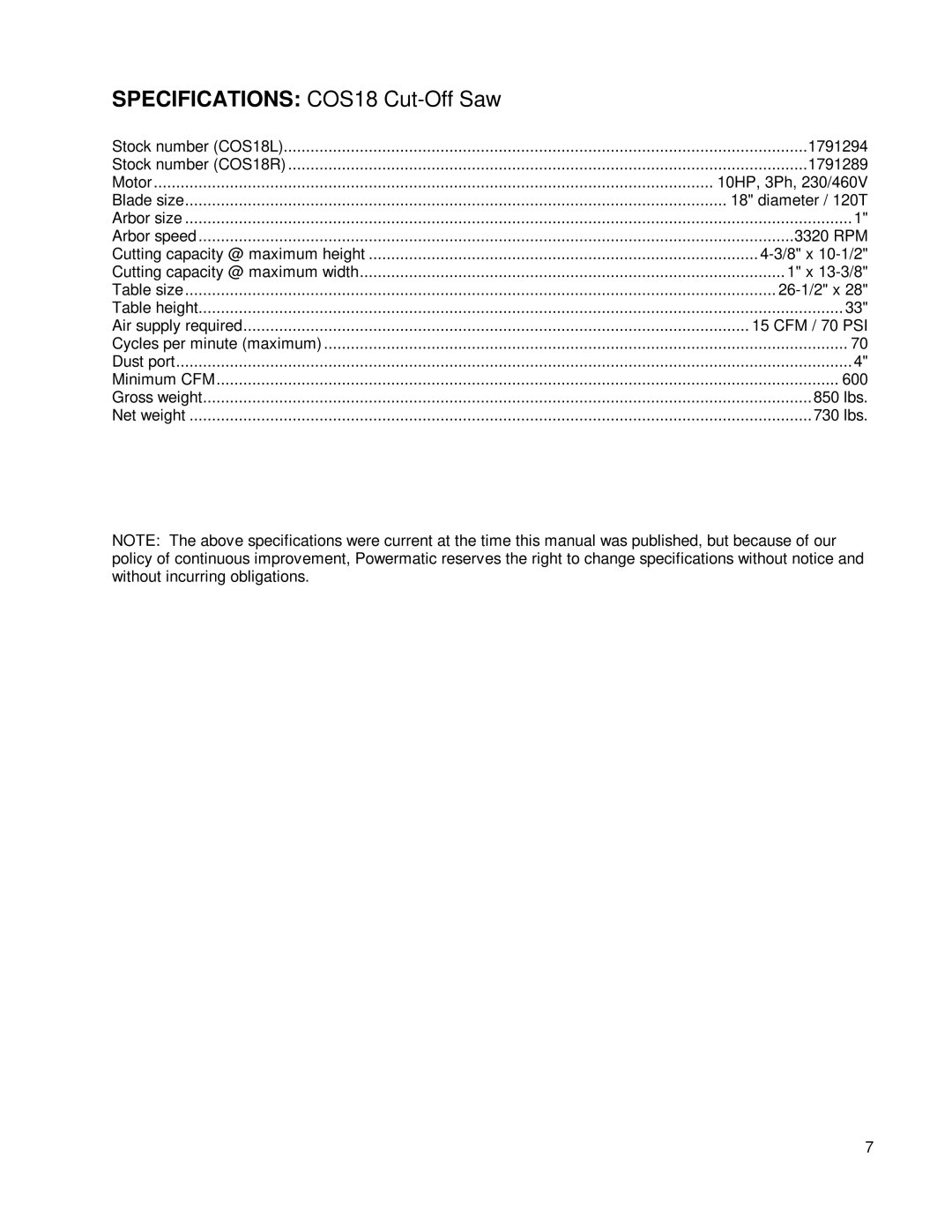 Powermatic owner manual Specifications COS18 Cut-Off Saw 