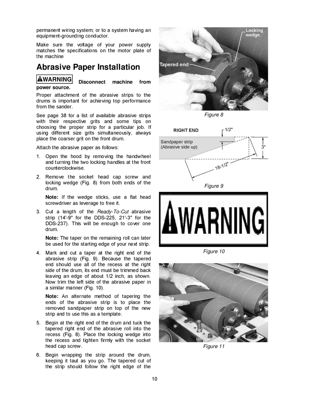 Powermatic DDS-237, DDS-225 operating instructions Abrasive Paper Installation, Disconnect machine from power source 