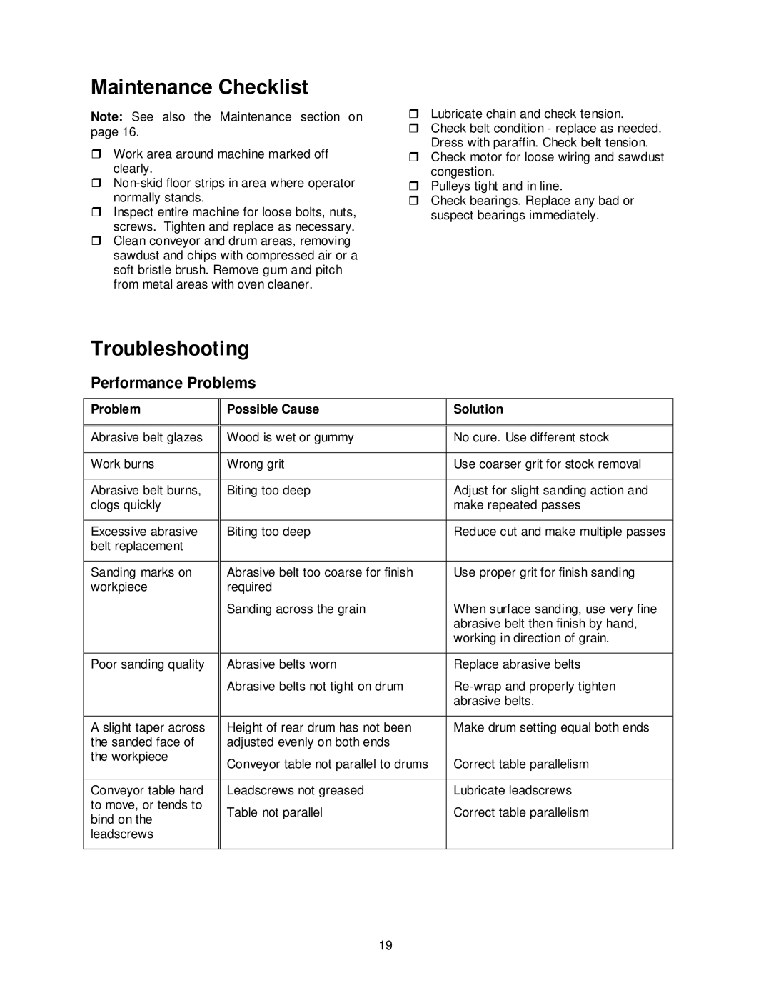 Powermatic DDS-225, DDS-237 Maintenance Checklist, Troubleshooting, Performance Problems, Possible Cause Solution 