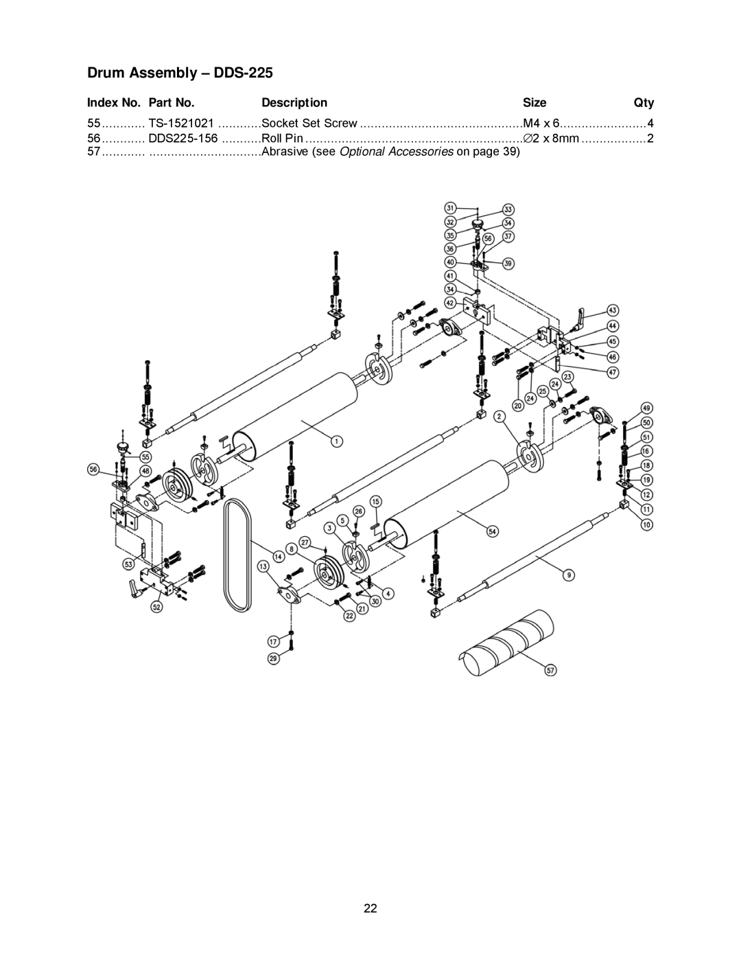 Powermatic DDS-237, DDS-225 operating instructions Index No. Part No Description Size Qty 