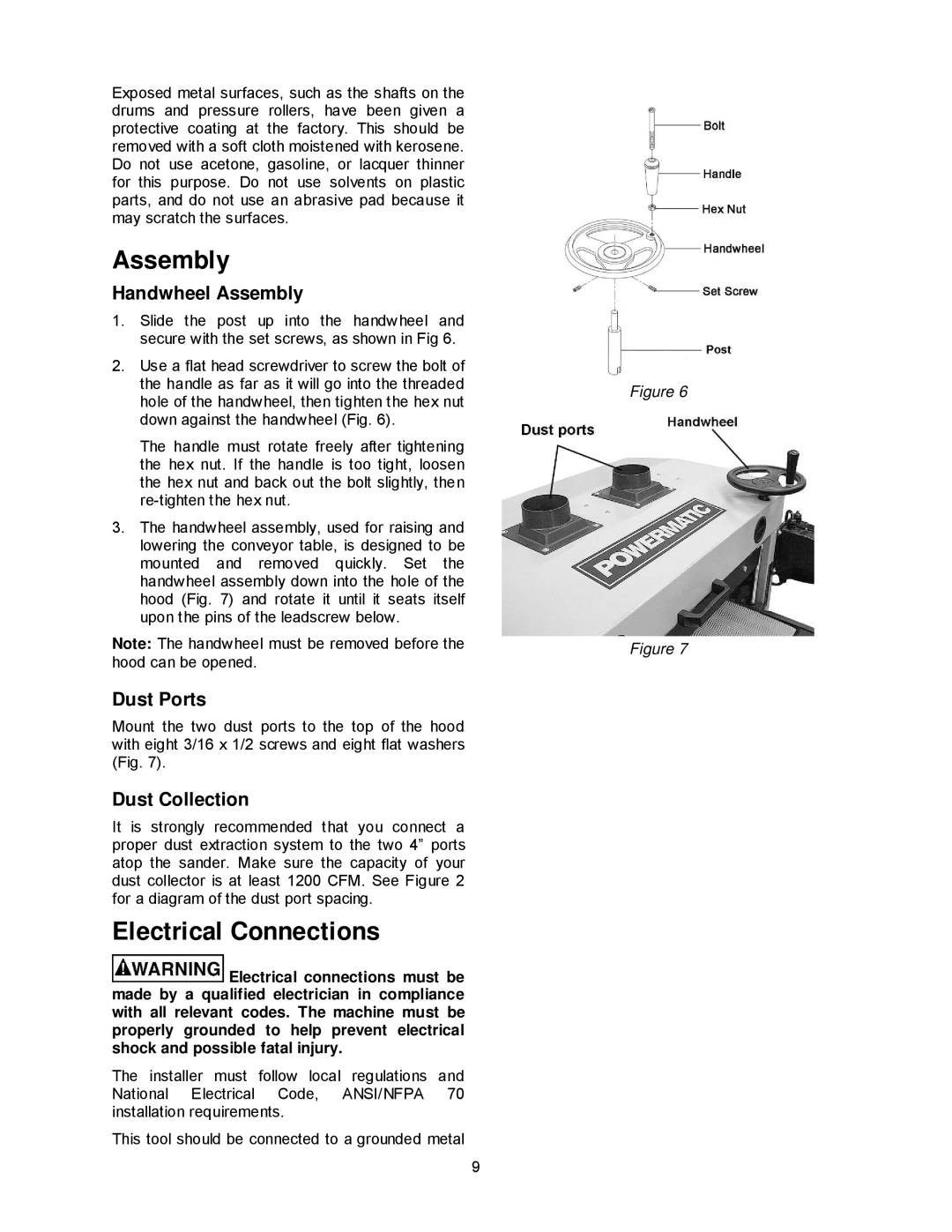 Powermatic DDS-225, DDS-237 Electrical Connections, Handwheel Assembly, Dust Ports, Dust Collection 