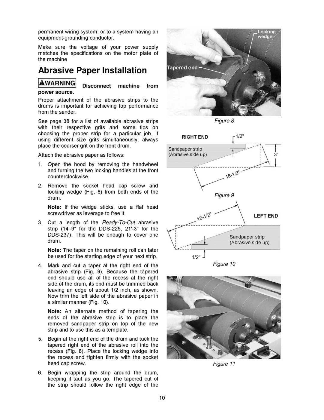 Powermatic DDS-237, DDS-225 operating instructions Abrasive Paper Installation, Disconnect machine from power source 