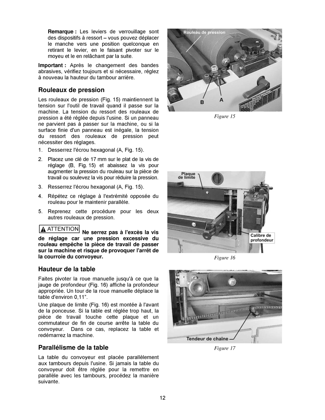 Powermatic DDS-237, DDS-225 operating instructions Rouleaux de pression, Hauteur de la table, Parallélisme de la table 