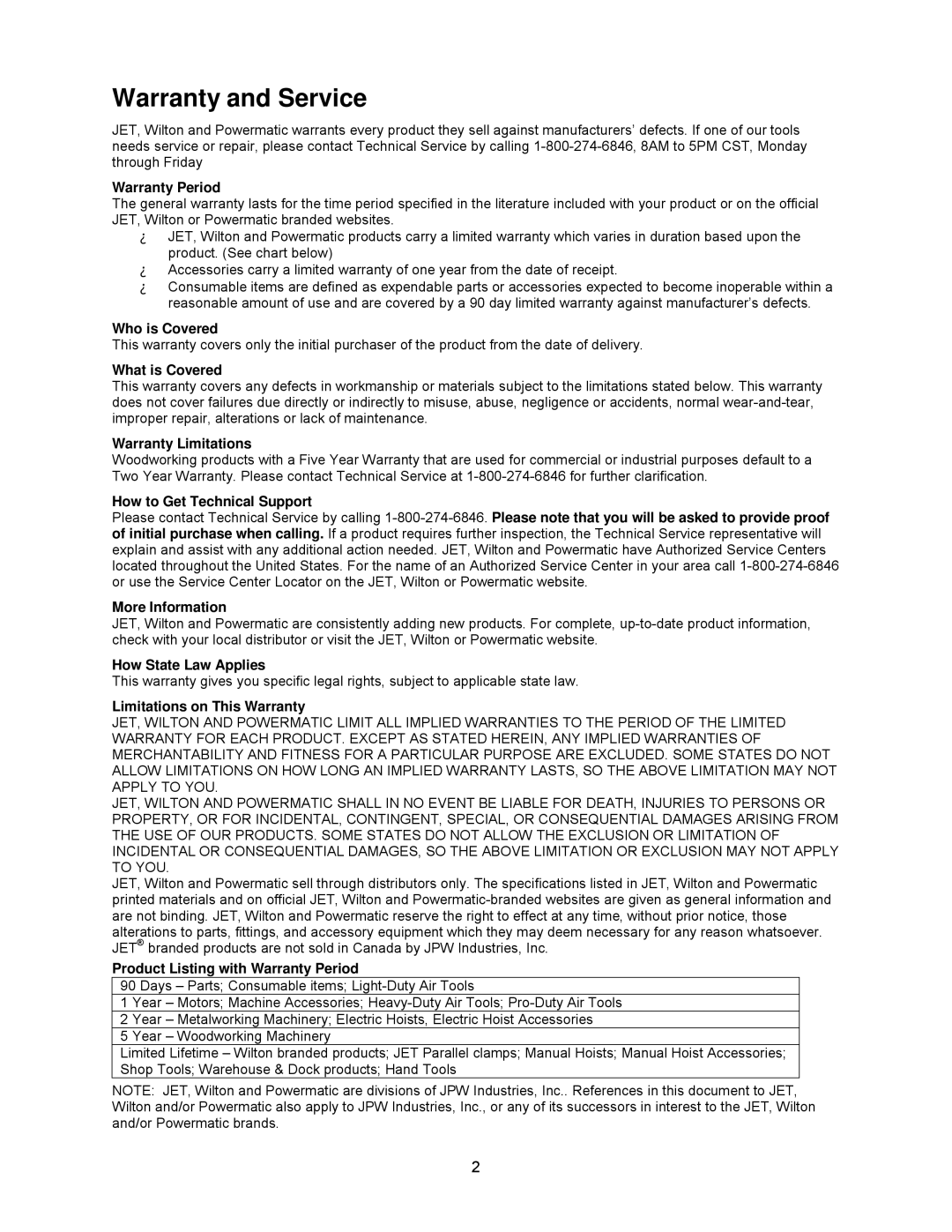 Powermatic DDS-237, DDS-225 operating instructions Warranty and Service, Warranty Period 