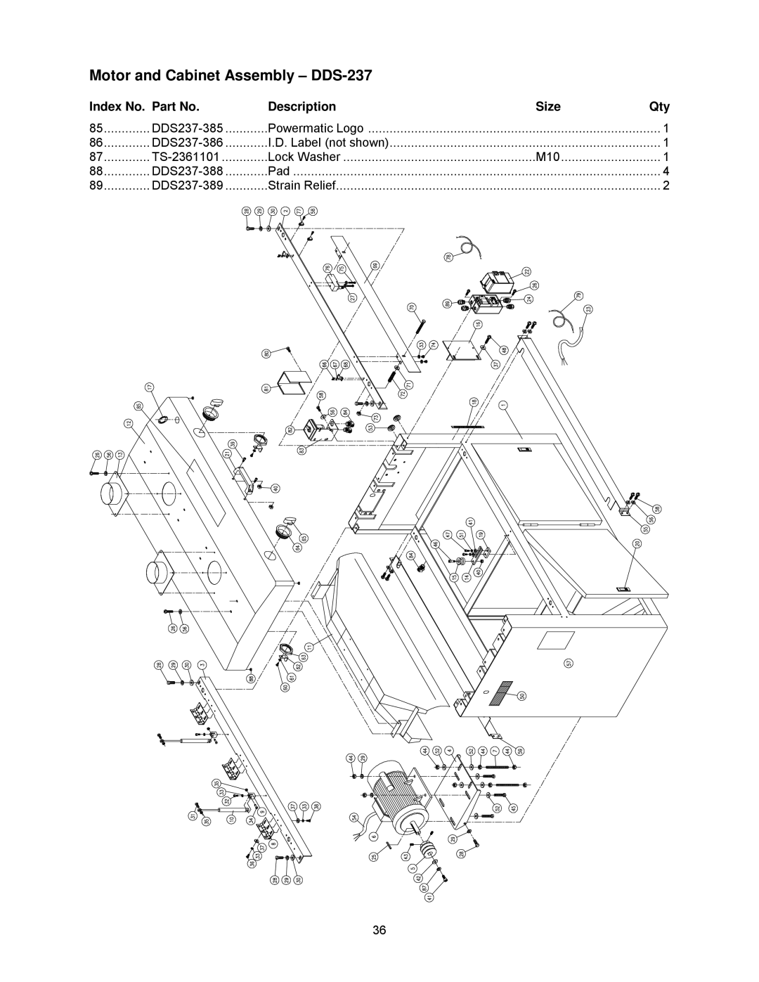 Powermatic DDS-237, DDS-225 operating instructions Index No. Part No Description 