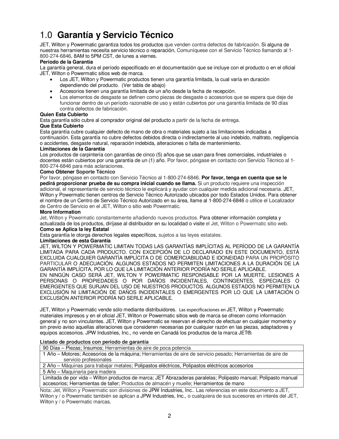 Powermatic DDS-237, DDS-225 operating instructions Garantía y Servicio Técnico, Período de la Garantía 