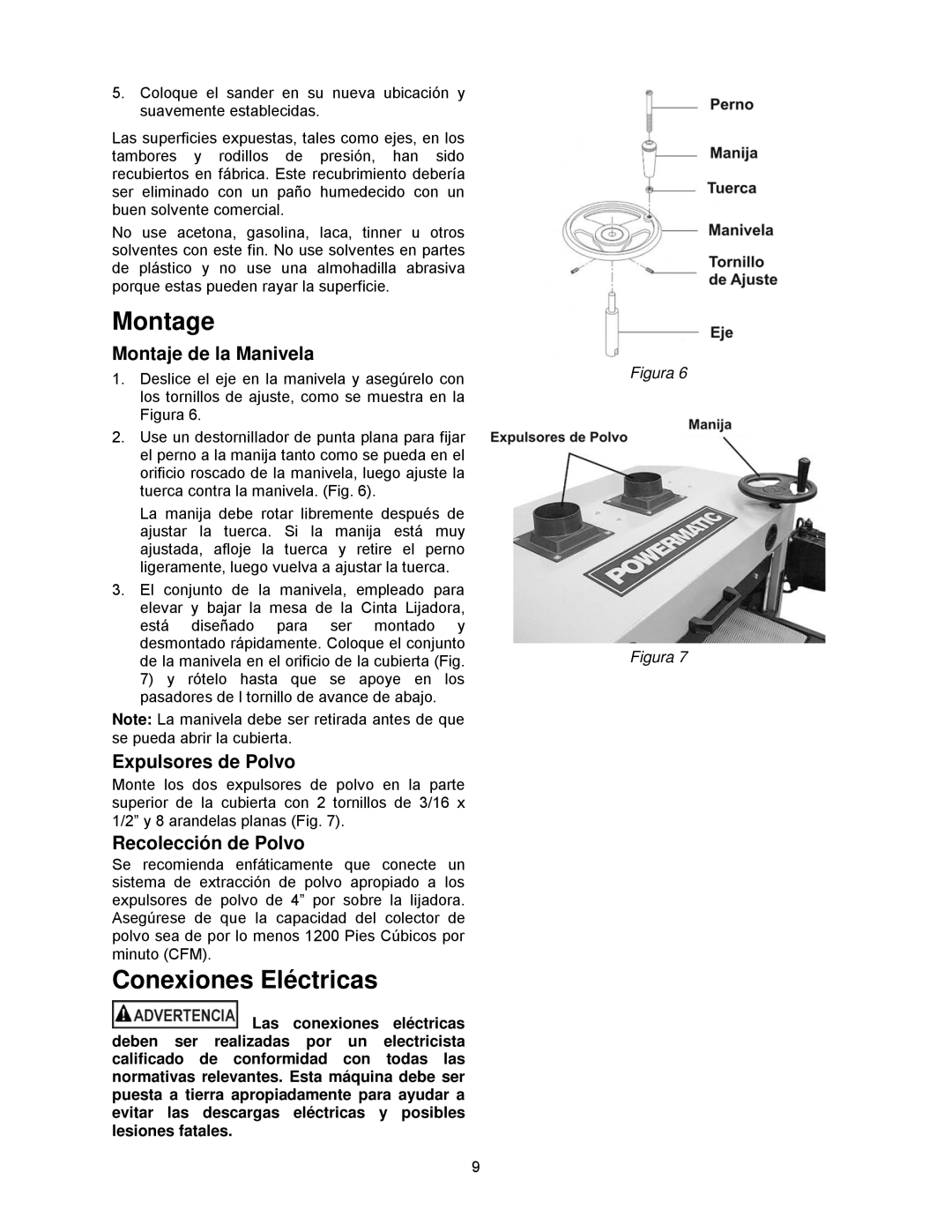 Powermatic DDS-225 Montage, Conexiones Eléctricas, Montaje de la Manivela, Expulsores de Polvo, Recolección de Polvo 