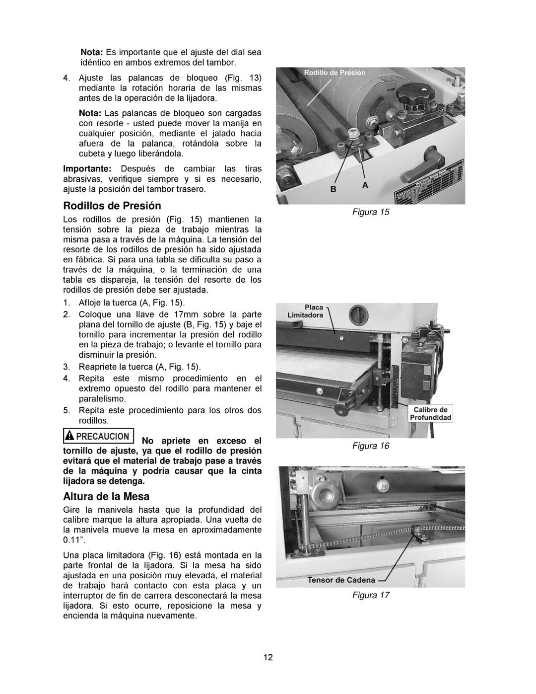 Powermatic DDS-237, DDS-225 operating instructions Rodillos de Presión, Altura de la Mesa 