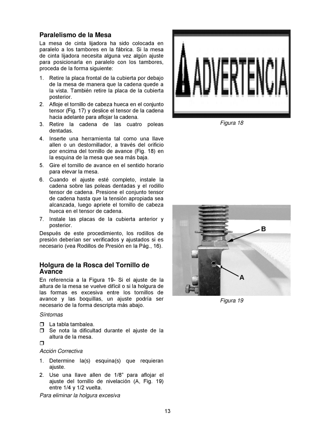 Powermatic DDS-225, DDS-237 operating instructions Paralelismo de la Mesa, Holgura de la Rosca del Tornillo de Avance 