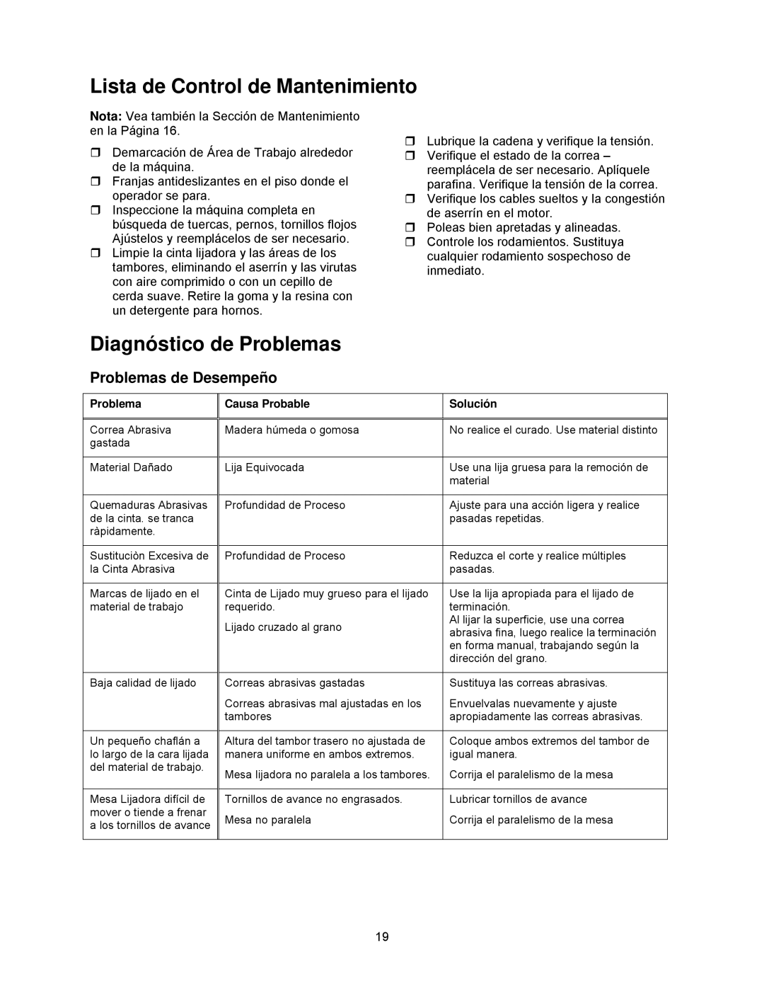 Powermatic DDS-225, DDS-237 Lista de Control de Mantenimiento, Diagnóstico de Problemas, Problemas de Desempeño 