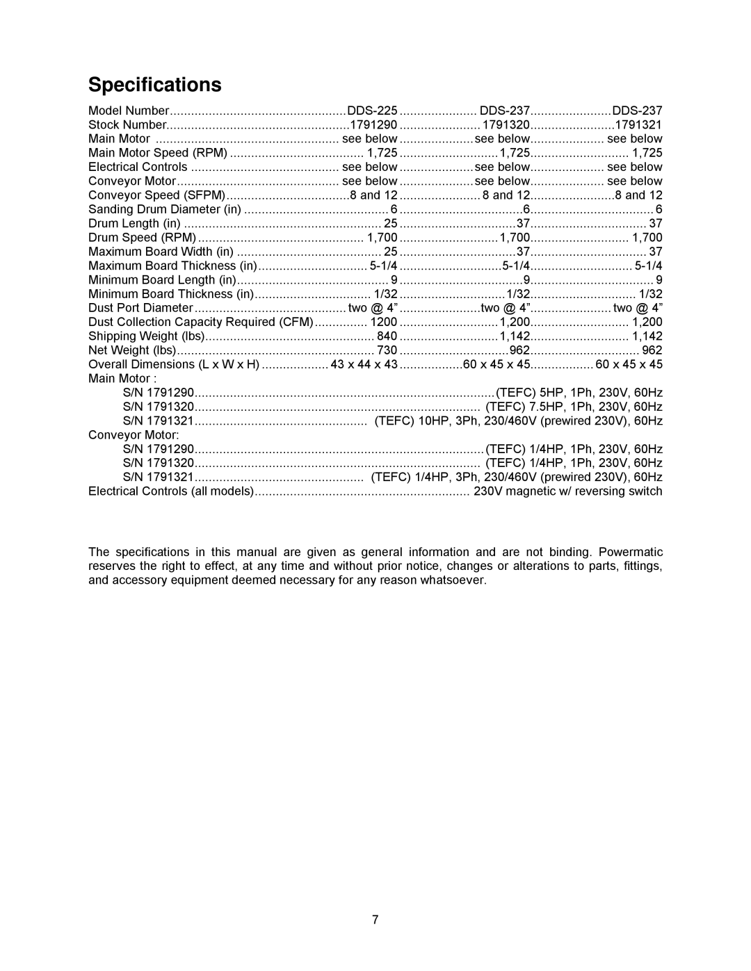 Powermatic DDS-225, DDS-237 operating instructions Specifications 