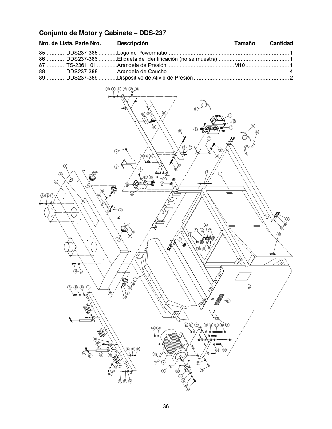 Powermatic DDS-237, DDS-225 operating instructions Etiqueta de Identificación no se muestra 