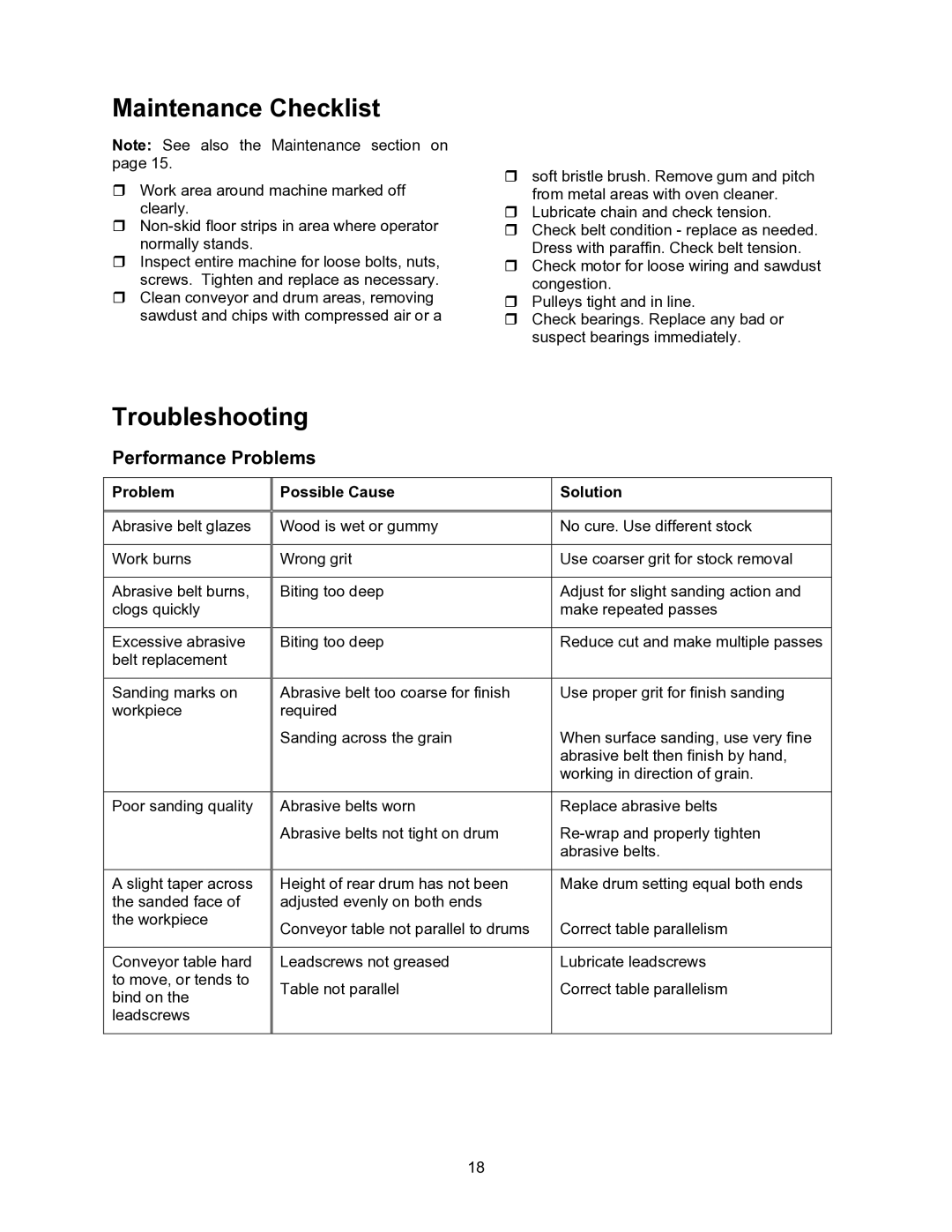 Powermatic DDS-237, DDS-225 operating instructions Maintenance Checklist, Troubleshooting, Performance Problems 