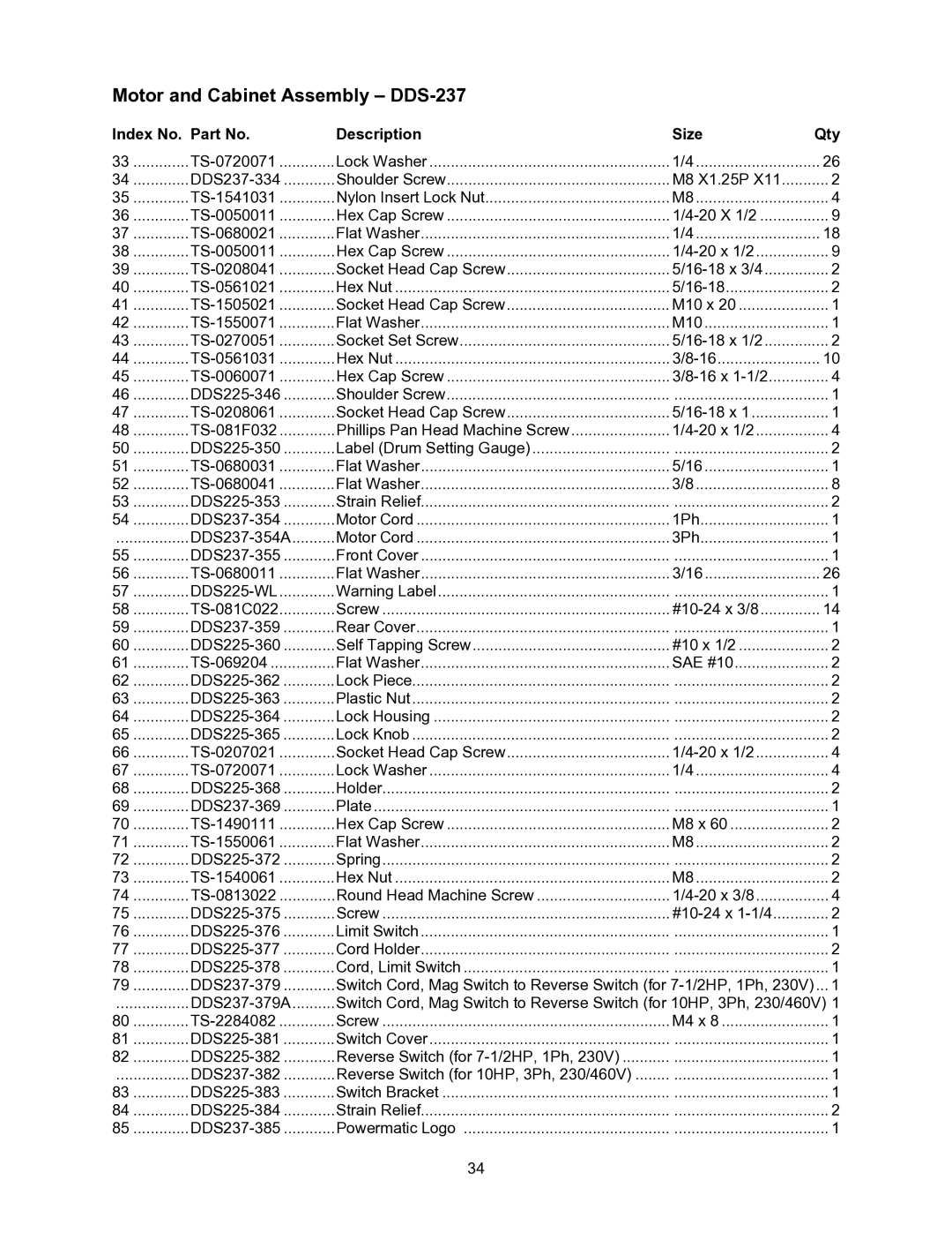 Powermatic DDS-237, DDS-225 operating instructions DDS237-334 