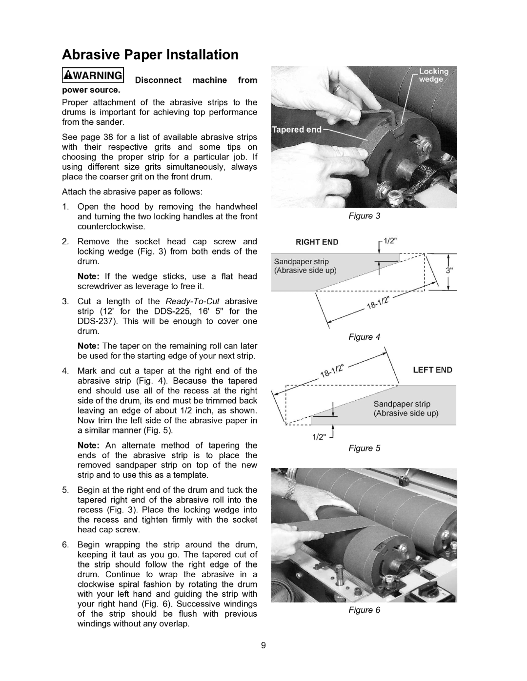 Powermatic DDS-225, DDS-237 operating instructions Abrasive Paper Installation, Disconnect machine from power source 