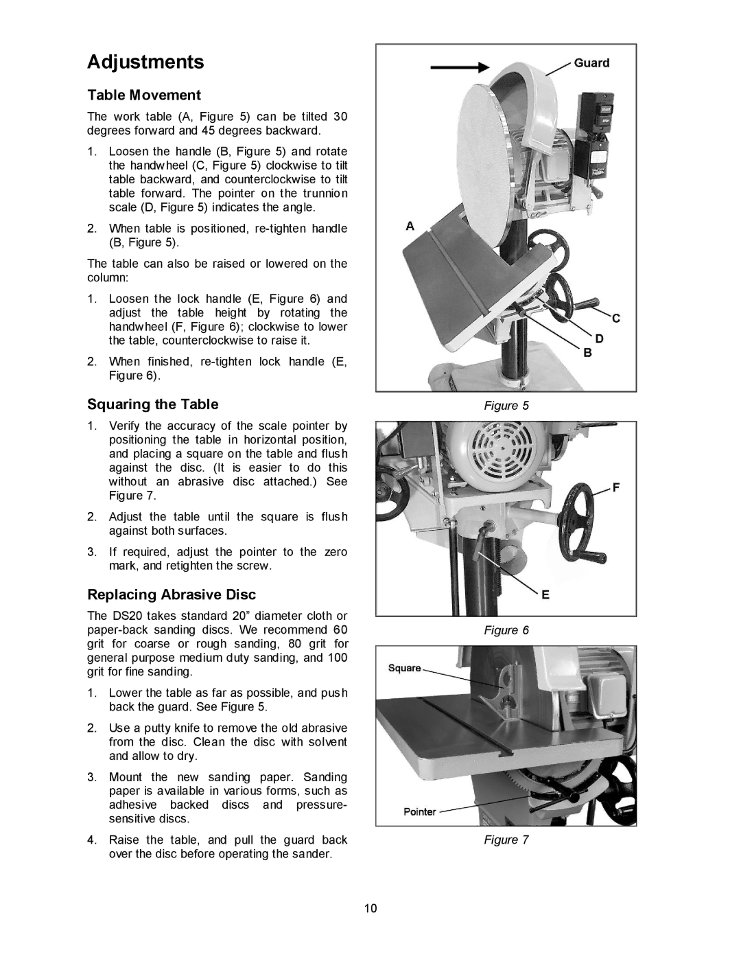 Powermatic DS20 operating instructions Adjustments, Table Movement, Replacing Abrasive Disc 