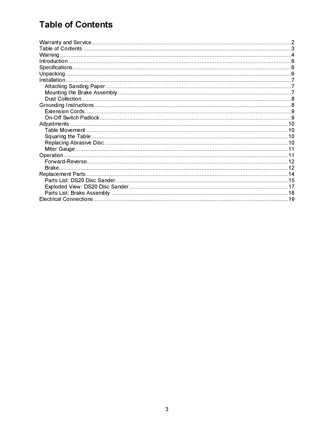 Powermatic DS20 operating instructions Table of Contents 