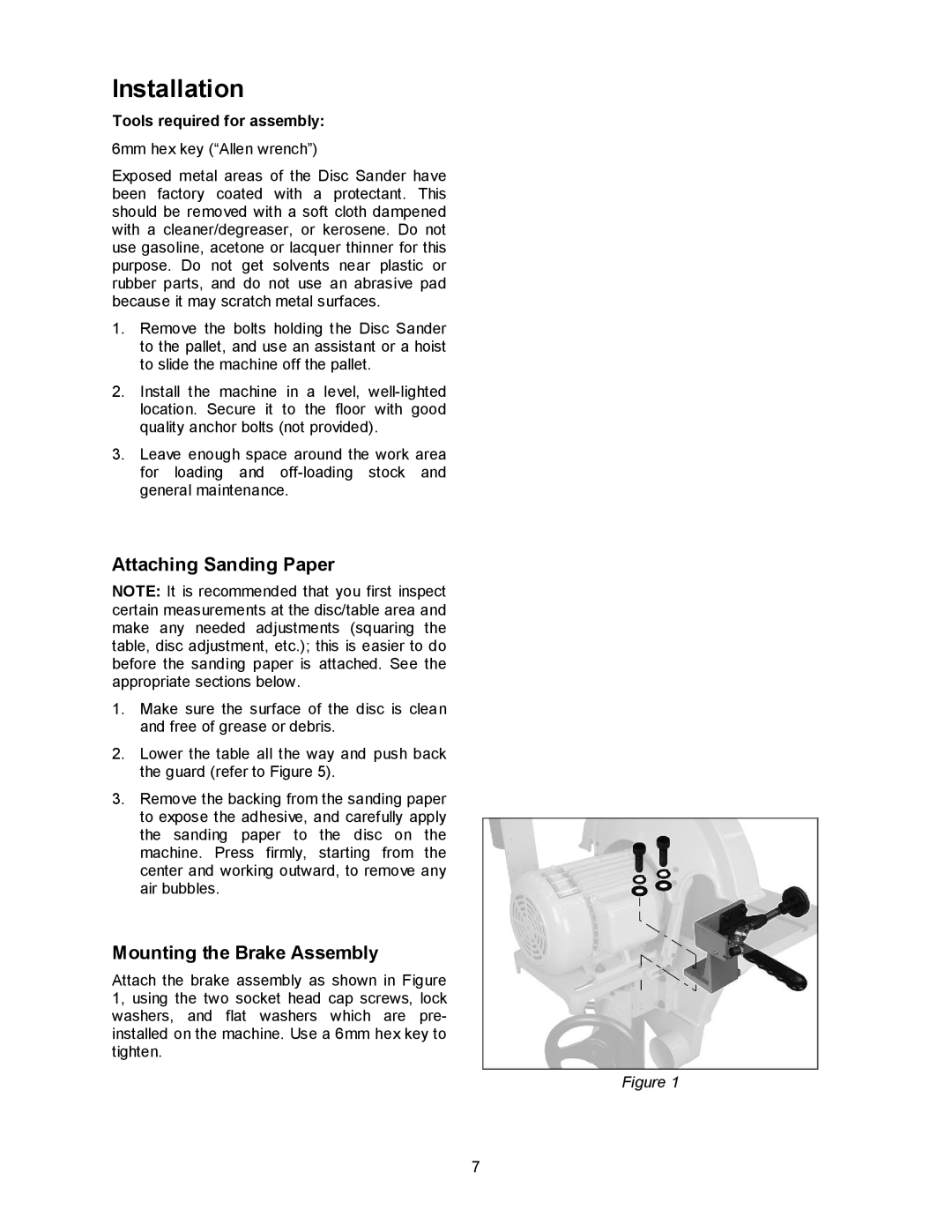 Powermatic DS20 operating instructions Installation, Attaching Sanding Paper, Mounting the Brake Assembly 